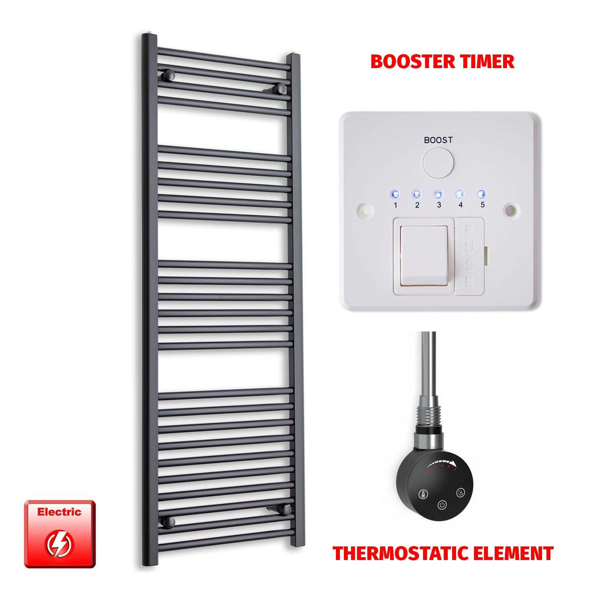 1400 x 550mm Wide Flat Black Pre-Filled Electric Heated Towel Radiator HTR SMART Thermostatic Booster Timer