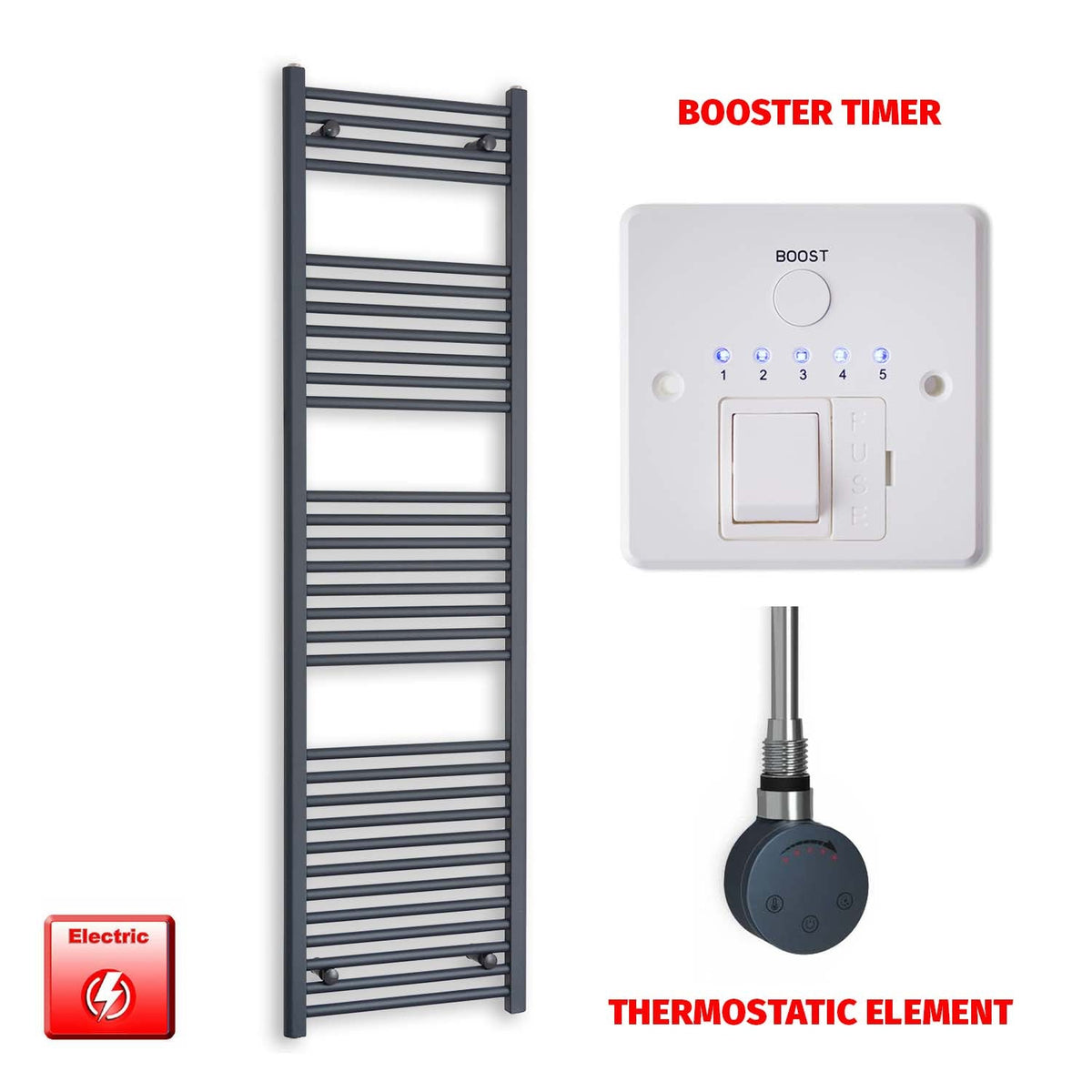 1800mm High 500mm Wide Flat Anthracite Pre-Filled Electric Heated Towel Radiator SMR Thermostatic element Booster timer