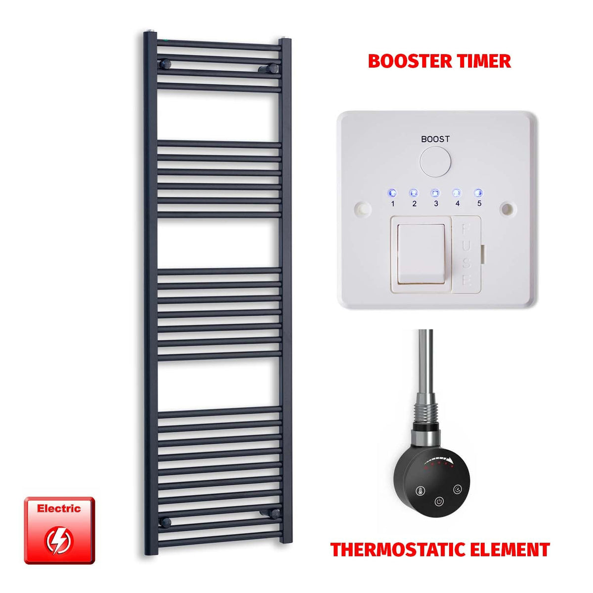 1600 x 550 Wide Flat Black Pre-Filled Electric Heated Towel Radiator HTR SMART Thermostatic Booster Timer