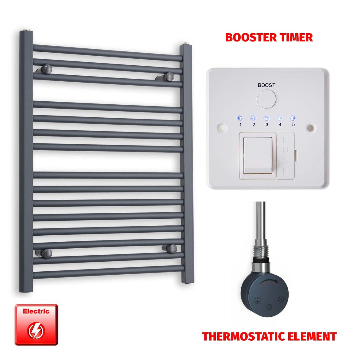 800mm High 600mm Wide Flat Anthracite Pre-Filled Electric Heated Towel Rail Radiator HTR SMR Thermostatic element Booster timer