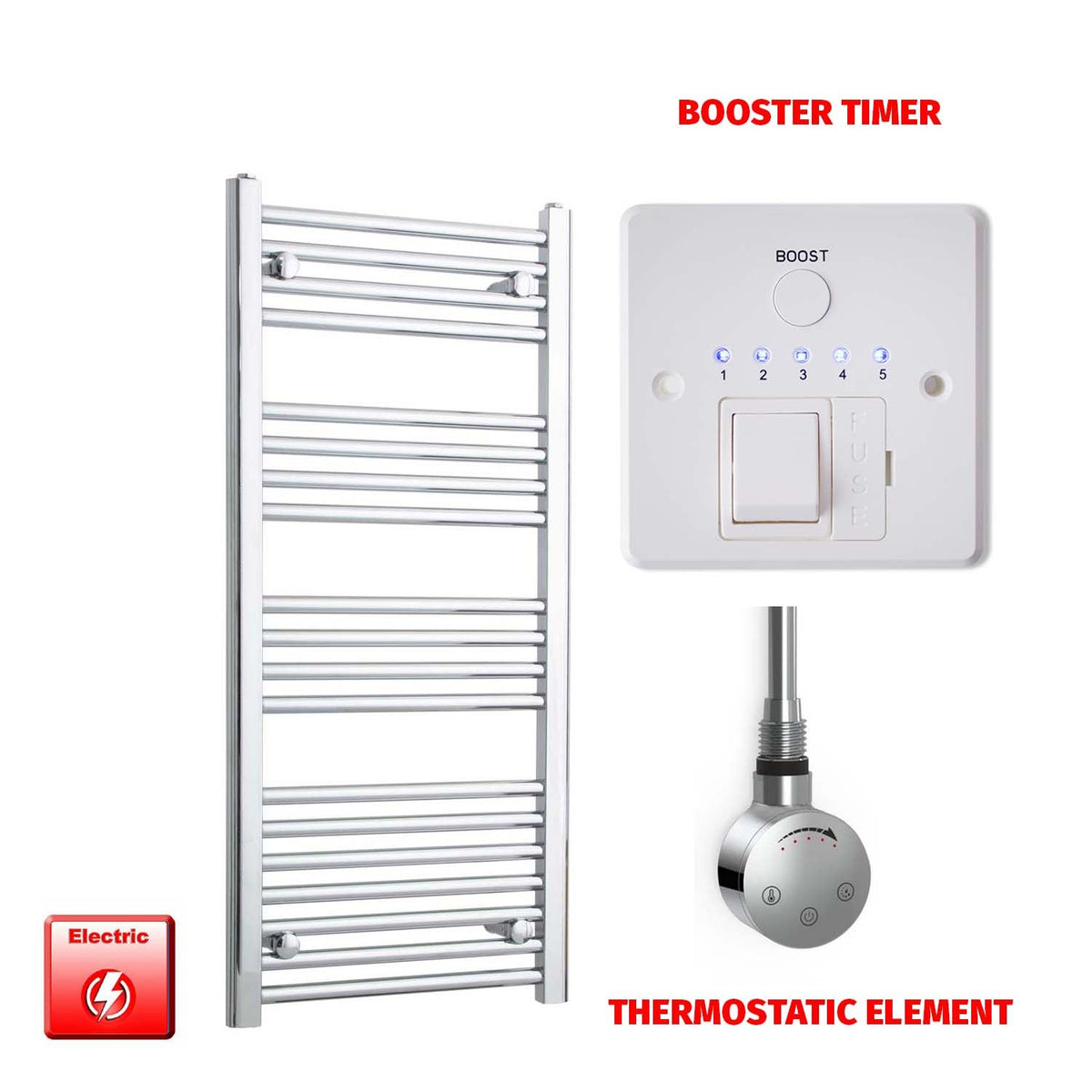 1000mm High 450mm Wide Pre-Filled Electric Heated Towel Radiator Straight Chrome SMR Thermostatic element Booster timer