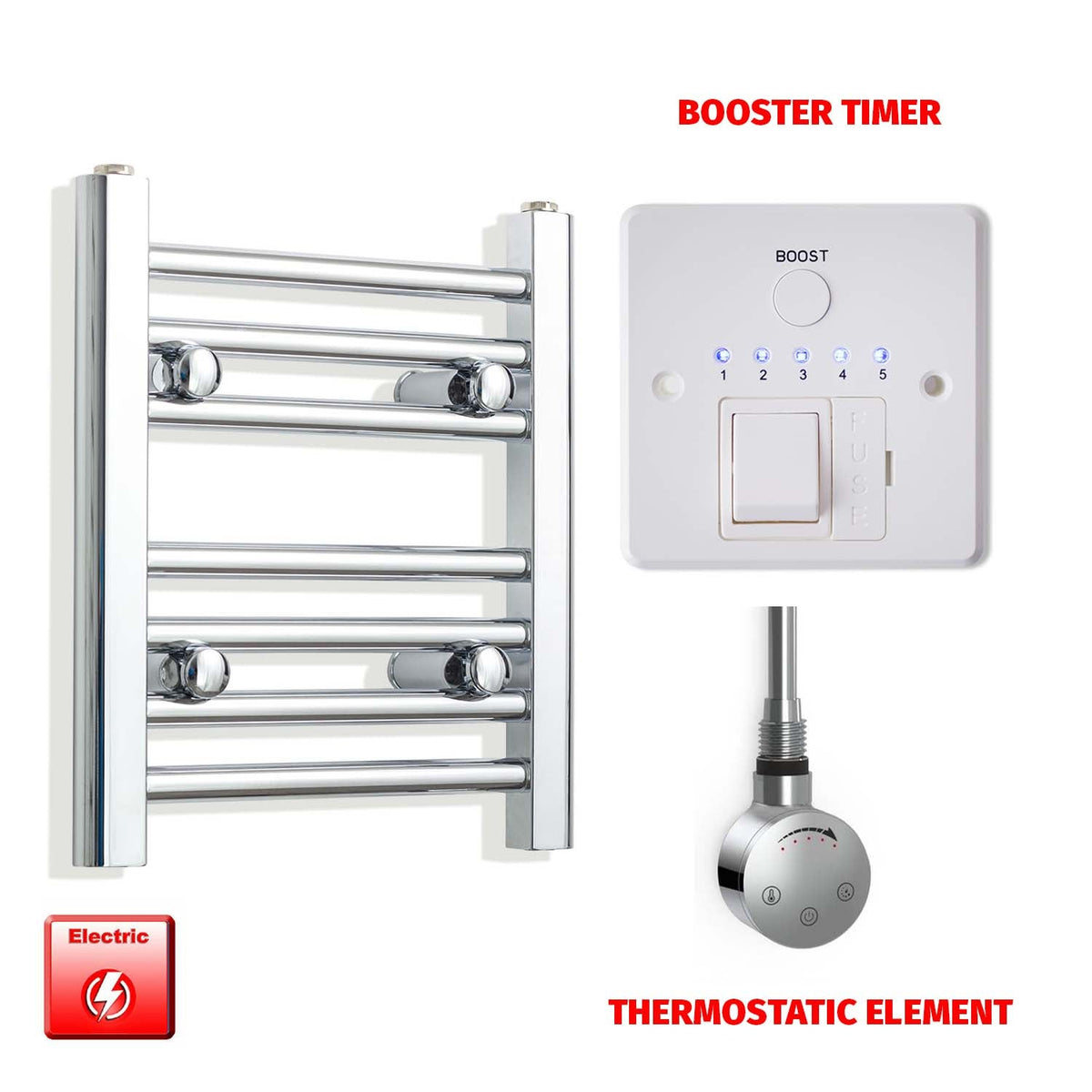 400mm High 350mm Wid Pre-Filled Electric Heated Towel Rail Radiator Straight Chrome SMR Thermostatic element Booster timer