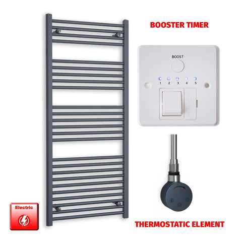 1400 x 600 Flat Anthracite Pre-Filled Electric Heated Towel Radiator HTR SMR Thermostatic element Booster timer