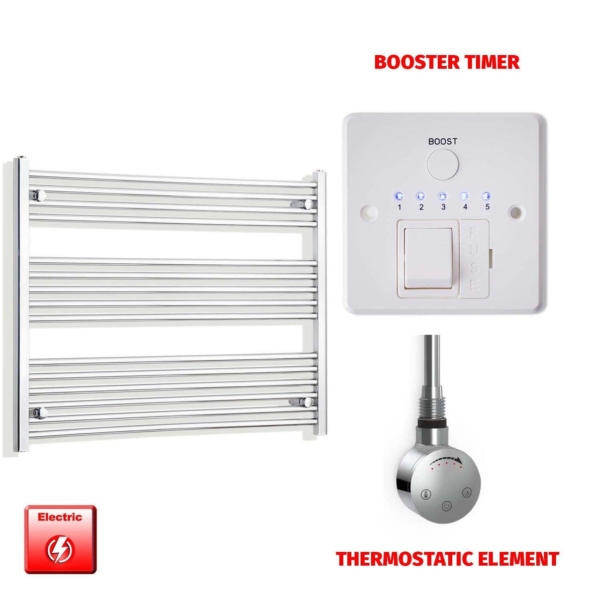 800mm High 950mm Wide Pre-Filled Electric Heated Towel Rail Radiator Straight Chrome MOA Thermostatic element Booster timer