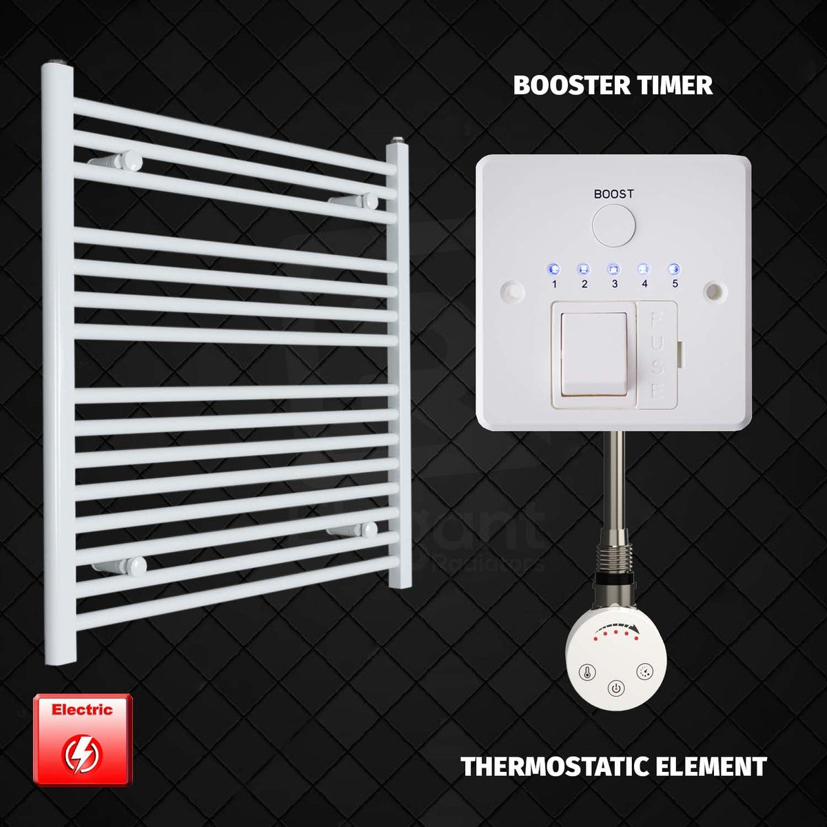 800 mm High 750 mm Wide Pre-Filled Electric Heated Towel Rail Radiator White HTR SMR Thermostatic element Booster timer