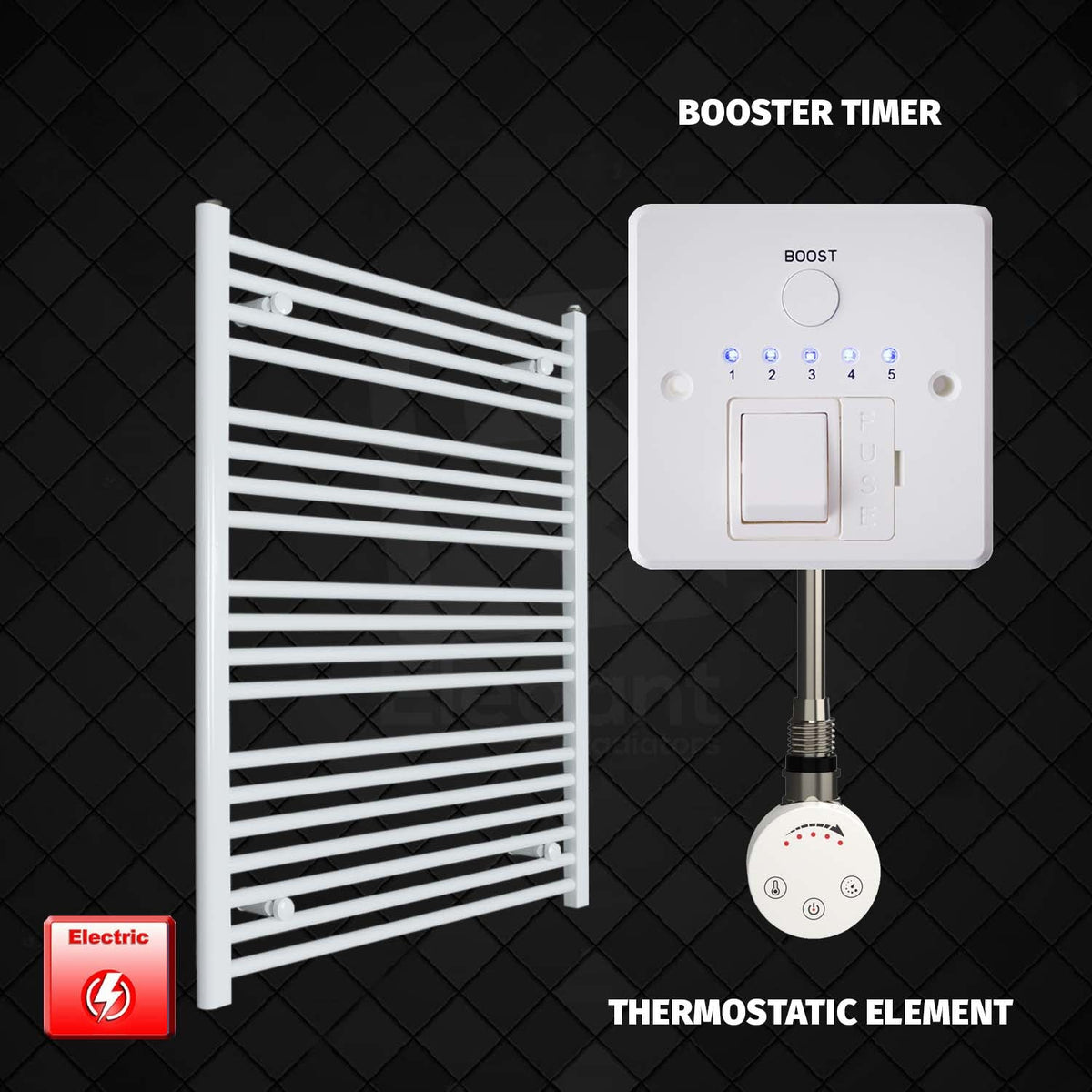 1000 x 750 Pre-Filled Electric Heated Towel Radiator White HTR SMR Thermostatic element Booster timer