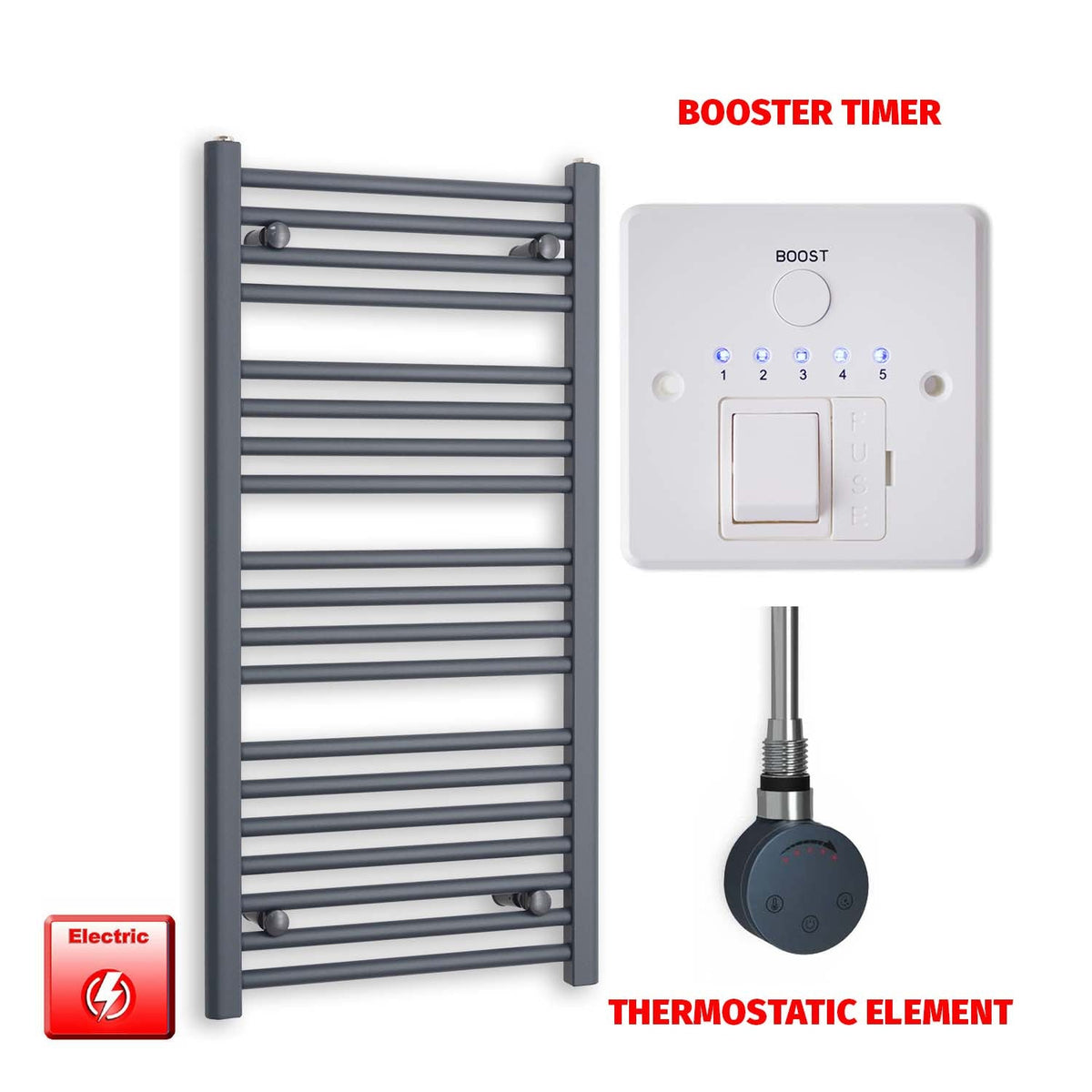 1000 x 500 Flat Anthracite Pre-Filled Electric Heated Towel Radiator MOA Thermostatic element Booster timer