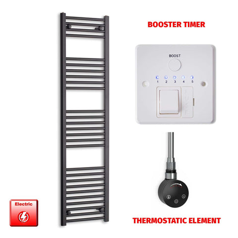 1600mm High 450mm Wide Flat Black Pre-Filled Electric Heated Towel Rail Radiator HTR Smart Thermostatic Booster Timer