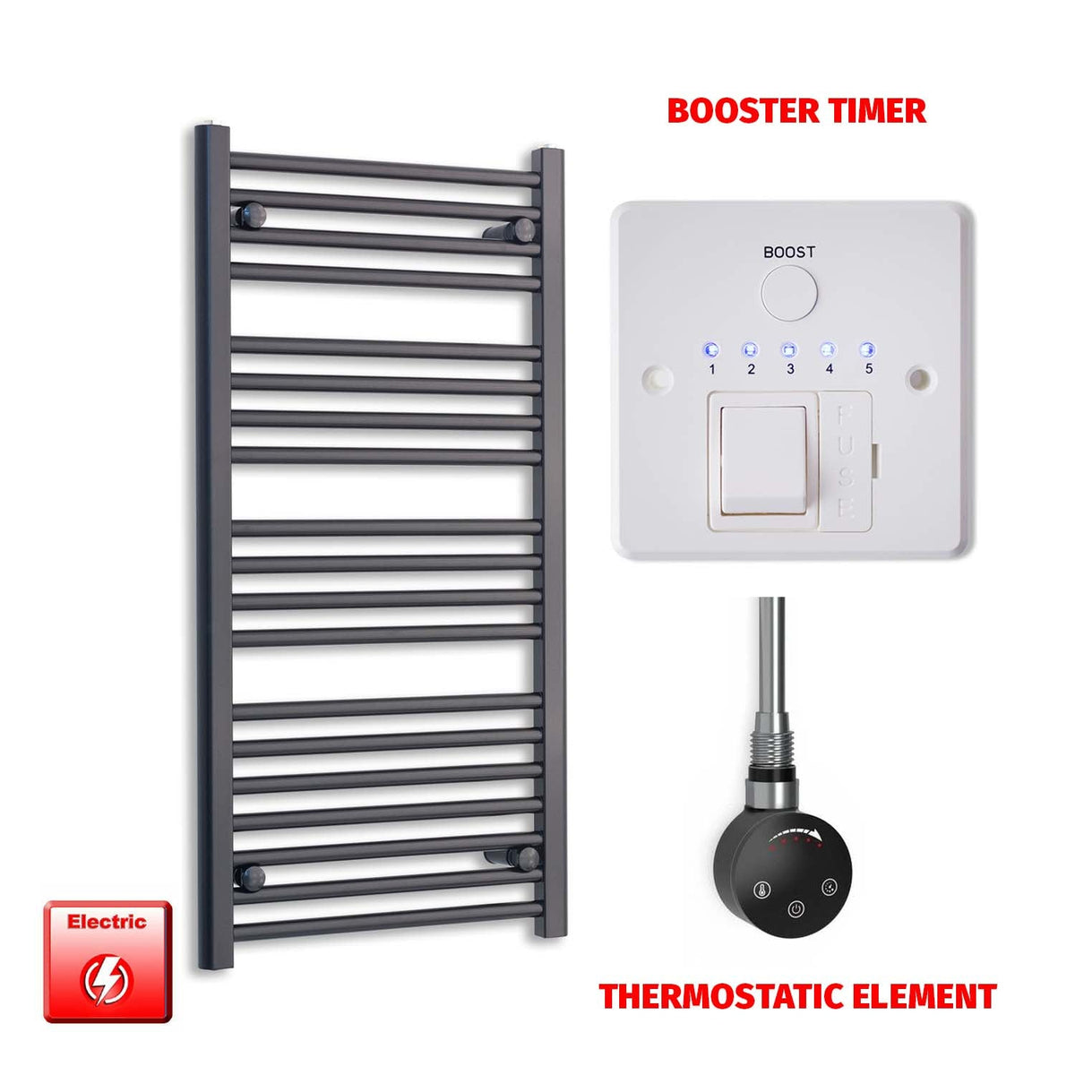 1000 x 550mm Wide Flat Black Pre-Filled Electric Heated Towel Radiator HTR SMART Thermostatic Booster Timer