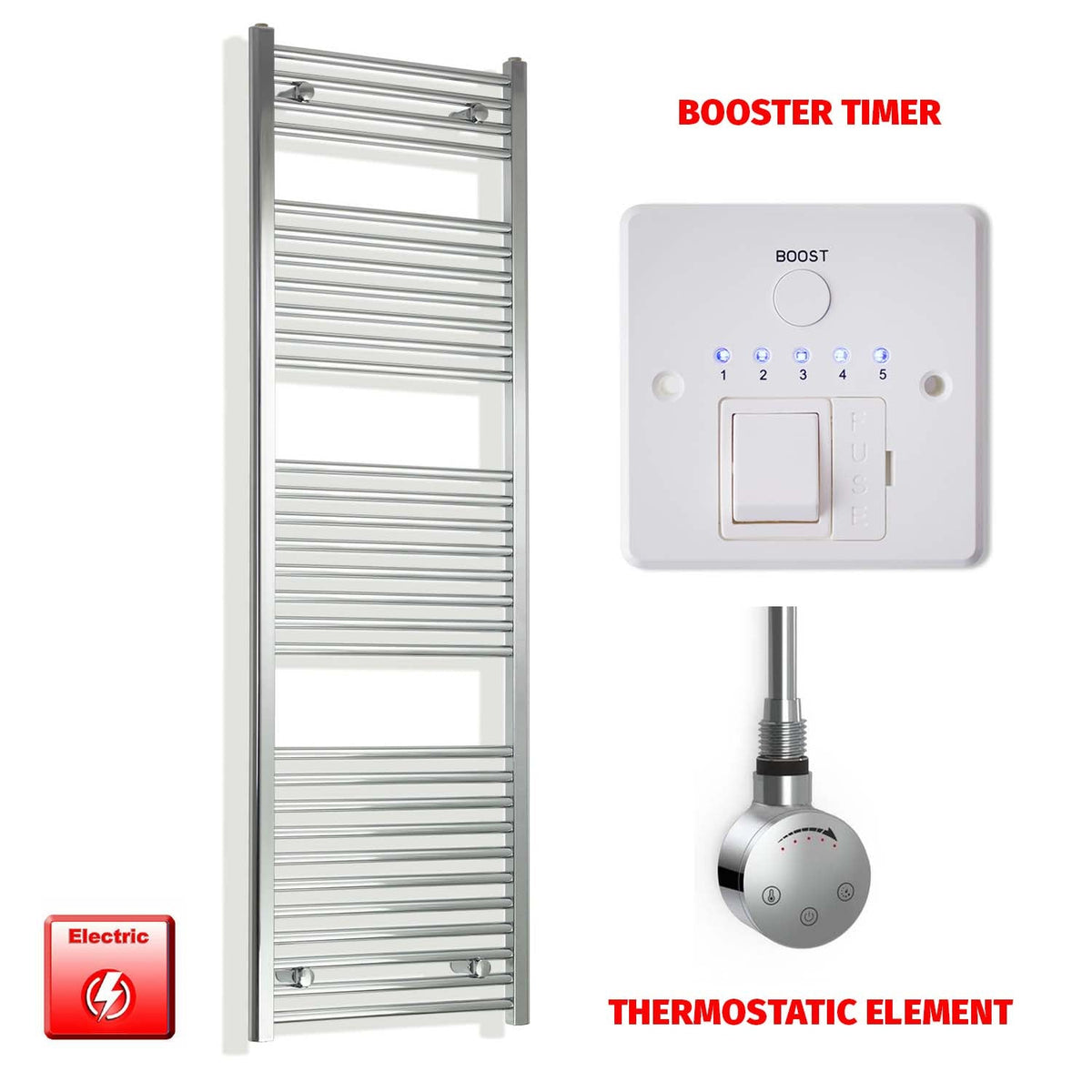 1700mm High 550mm Wide Pre-Filled Electric Heated Towel Radiator Chrome HTR Smart Element Booster Timer