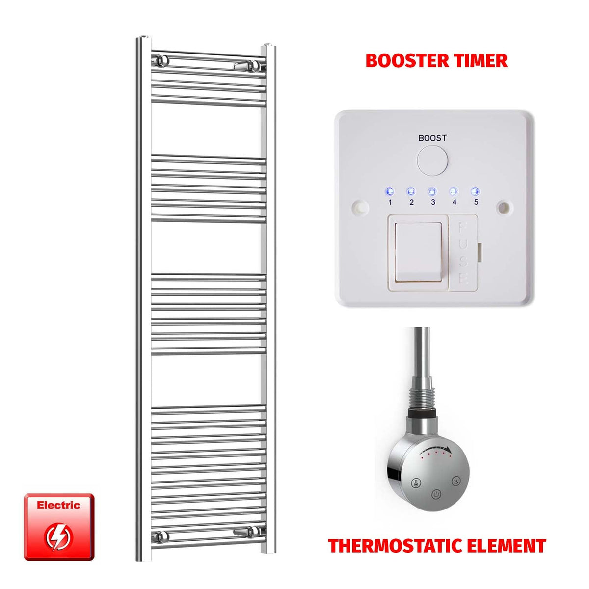 1400mm High 450mm Wide Pre-Filled Electric Heated Towel Radiator Straight Chrome SMR Thermostatic element Booster timer