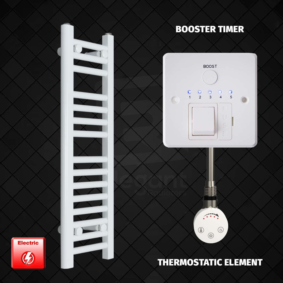 800 mm High 250 mm Wide Pre-Filled Electric Heated Towel Rail Radiator White HTR Smart Booster Timer