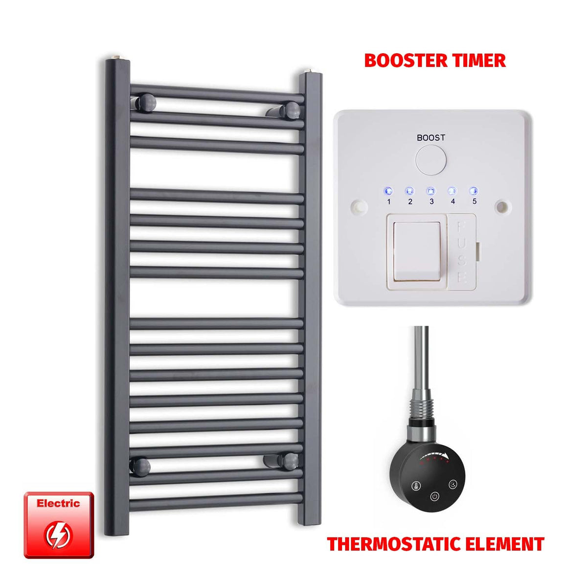 800mm High 400mm Wide Flat Black Pre-Filled Electric Heated Towel Radiator HTR Smart Thermostatic Booster Timer