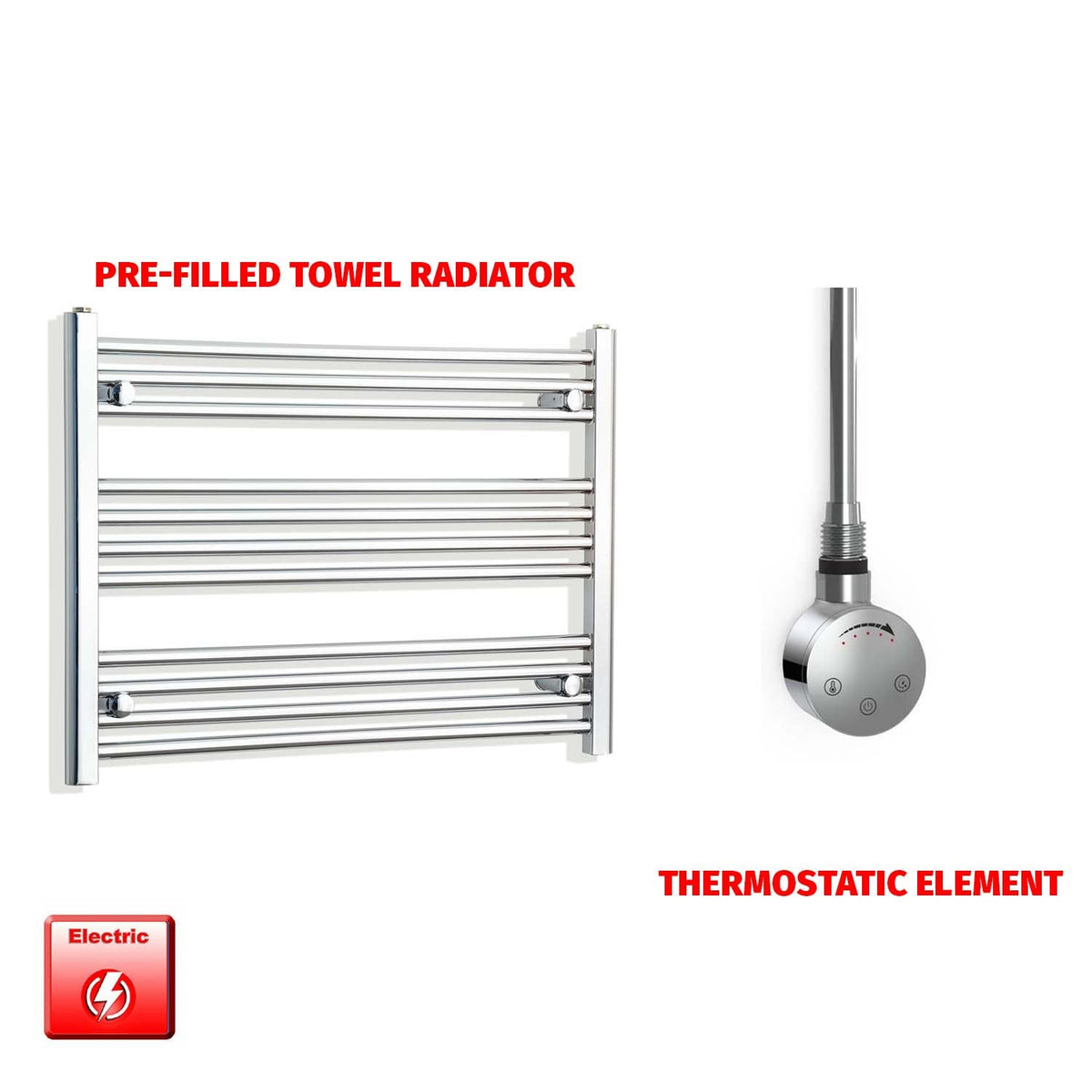 600mm High 800mm Wide Pre-Filled Electric Heated Towel Rail Radiator Straight Chrome SMR Thermostatic element no timer
