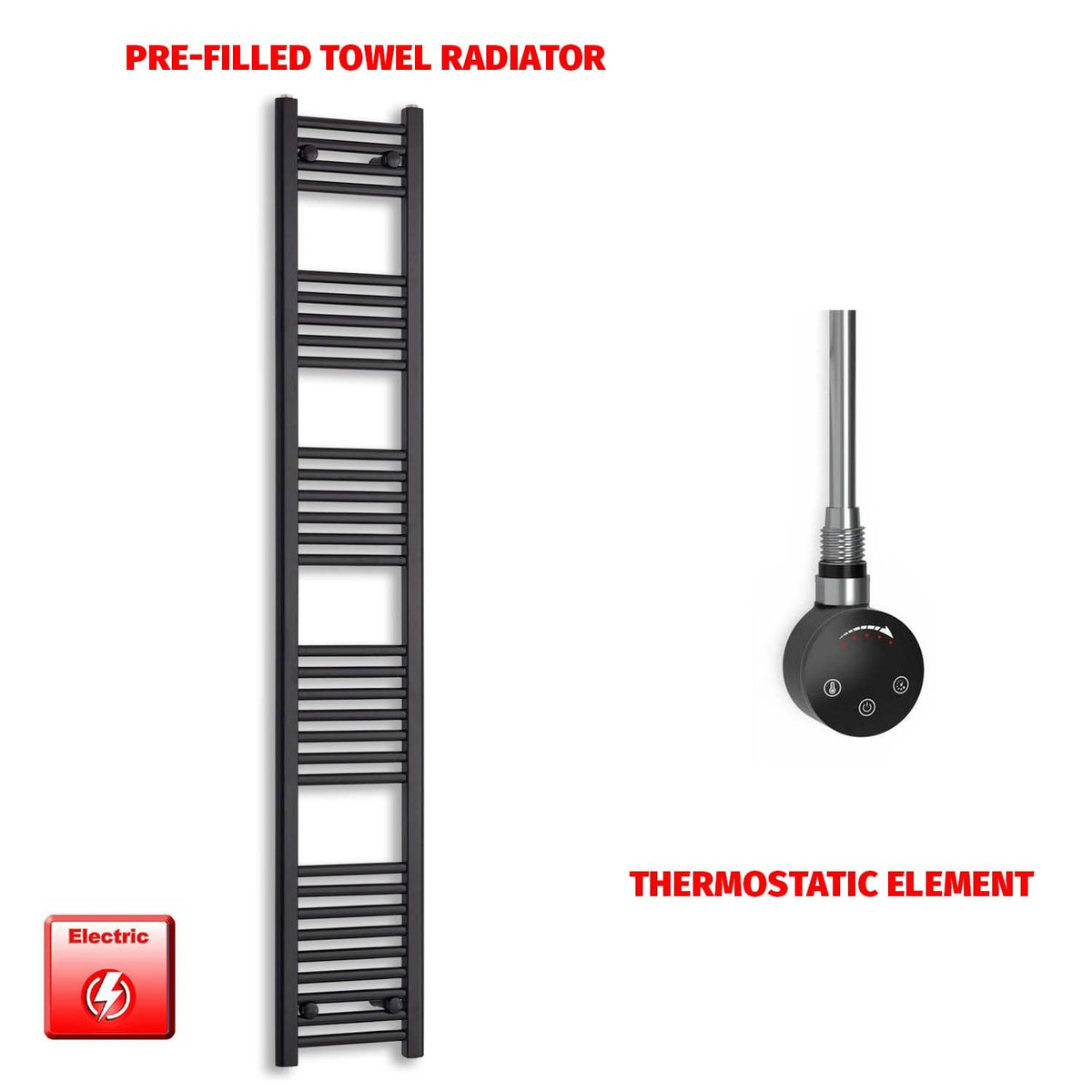 1800 x 300 Flat Black Pre-Filled Electric Heated Towel Radiator HTR Smart Thermostatic