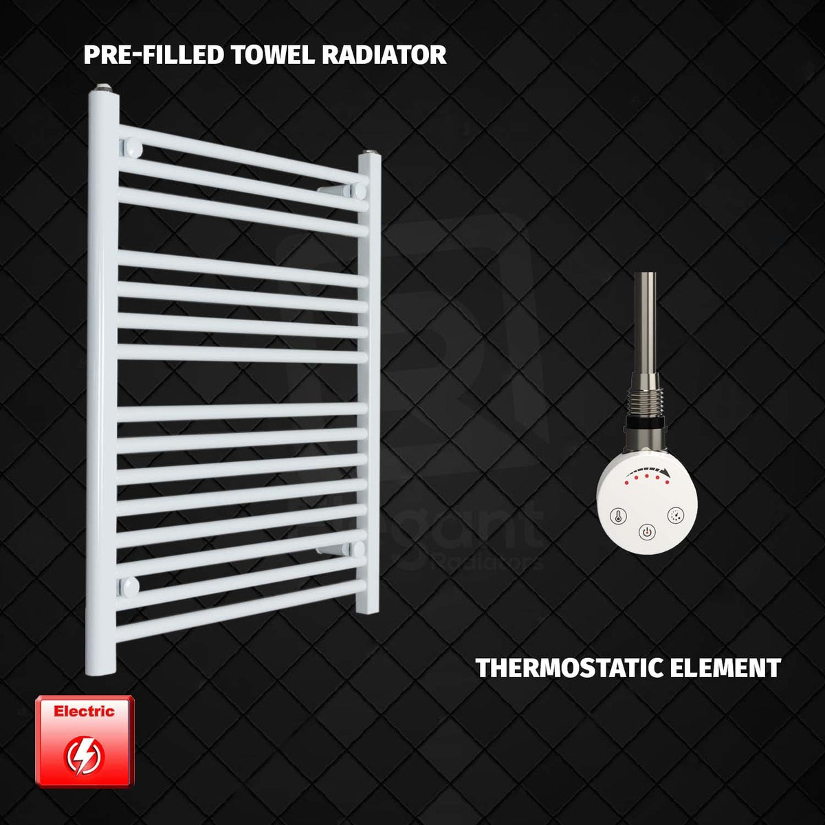 800 mm High 700 mm Wide Pre-Filled Electric Heated Towel Radiator White HTR SMR Thermostatic Element No Timer