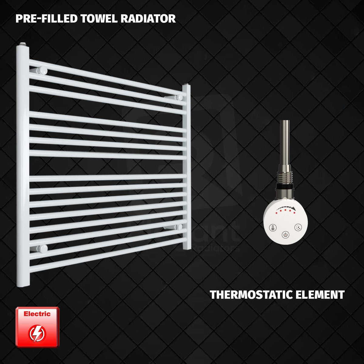 800 mm High 1100 mm Wide Pre-Filled Electric Heated Towel Rail Radiator White HTR SMR Thermostatic element no timer