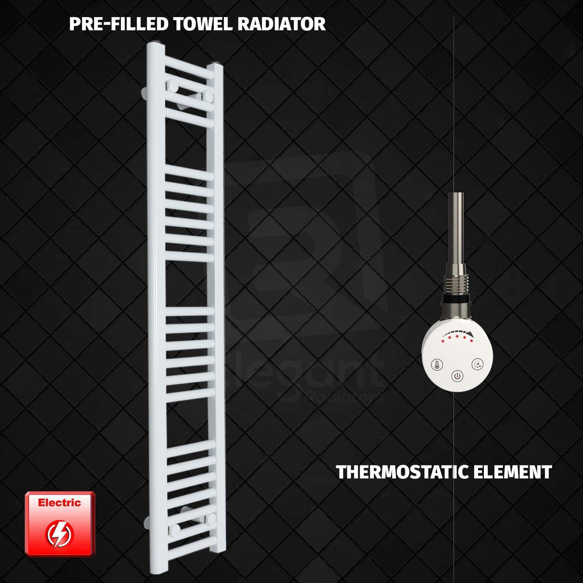 1200 x 250 Pre-Filled Electric Heated Towel Radiator White HTR Thermostatic Element