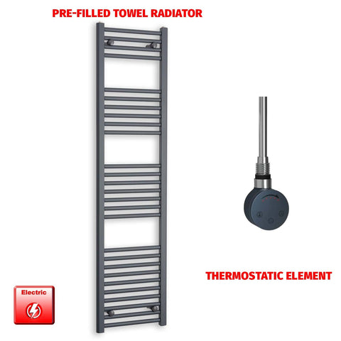 1600mm High 400mm Wide Flat Anthracite Pre-Filled Electric Heated Towel Radiator HTR SMR Thermostatic element no timer