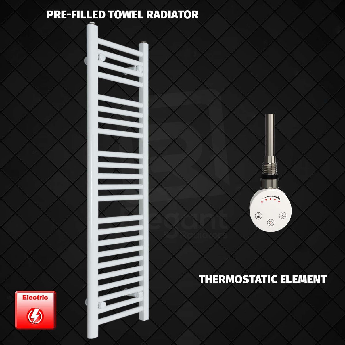 1200 x 350 Pre-Filled Electric Heated Towel Radiator White HTR smart thermostatic element