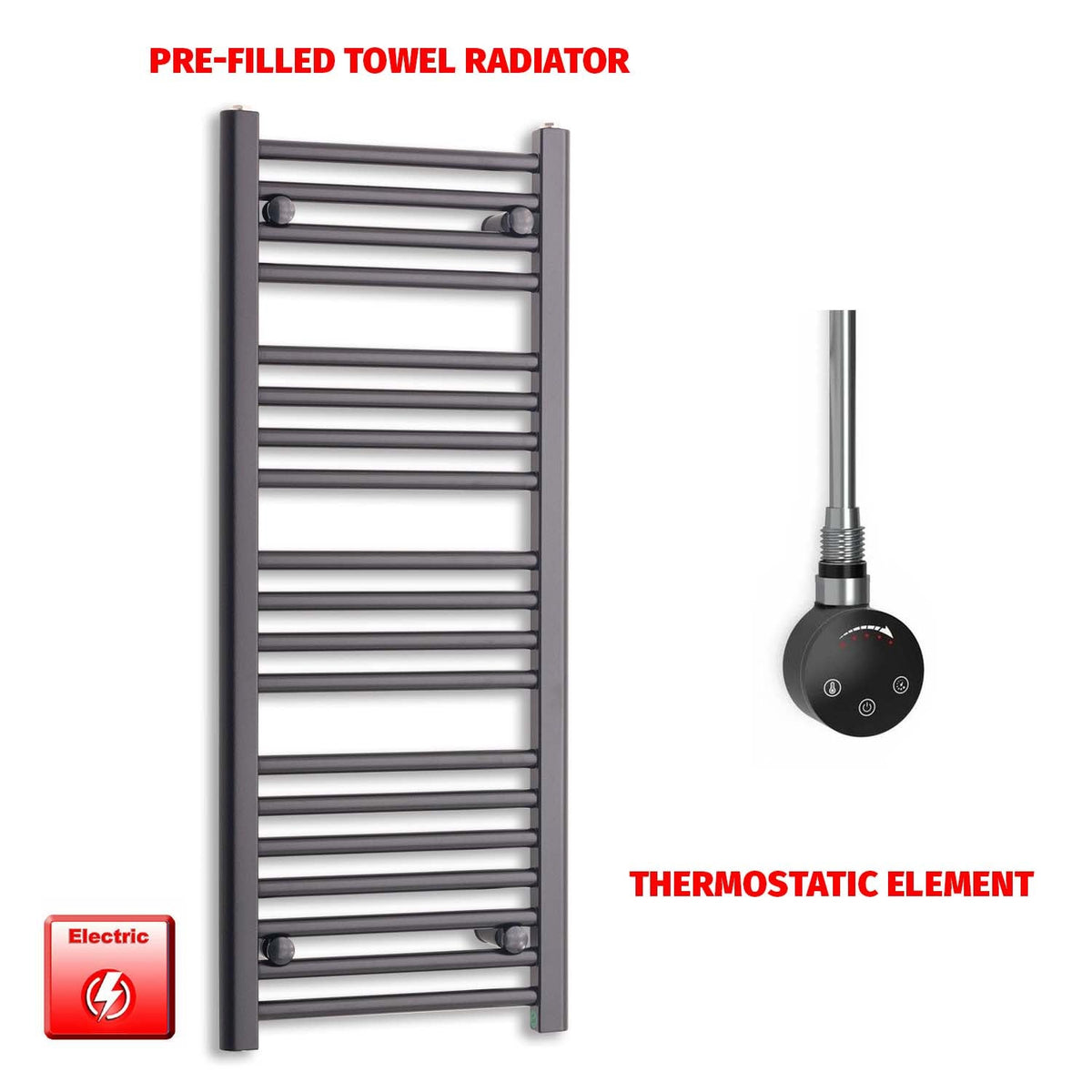 1000mm High 450mm Wide High Flat Black Pre-Filled Electric Heated Towel Radiator HTR SMART Thermostatic