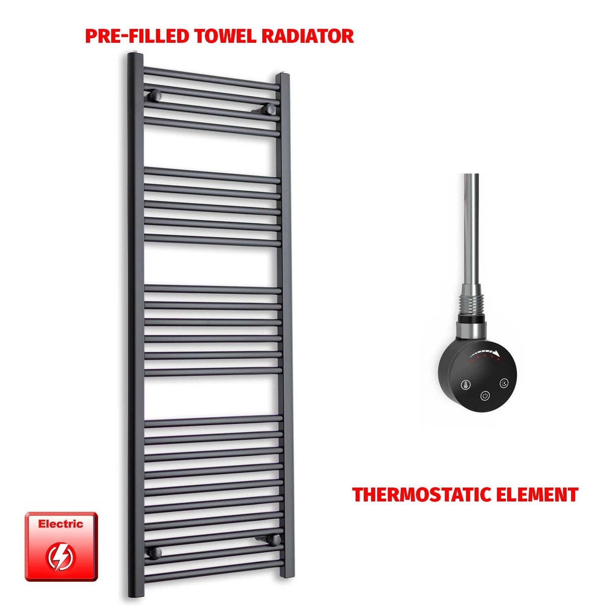 1400mm High 600mm Wide Flat Black Pre-Filled Electric Heated Towel Rail Radiator HTR Smart Thermostatic