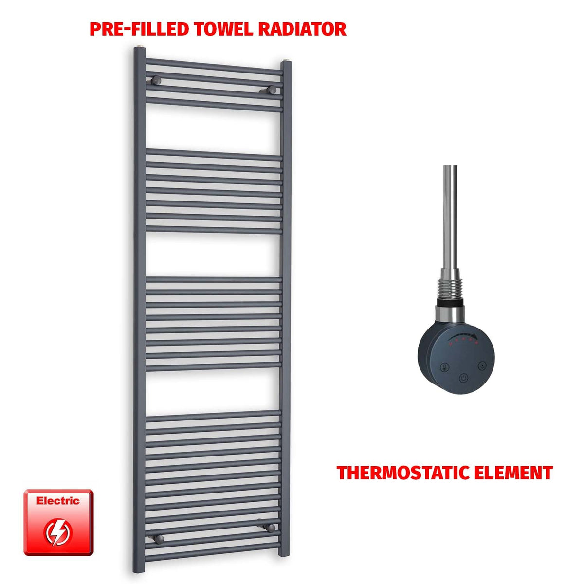 1800mm High 600mm Wide Flat Anthracite Pre-Filled Electric Heated Towel Rail Radiator HTR SMR Thermostatic element no timer