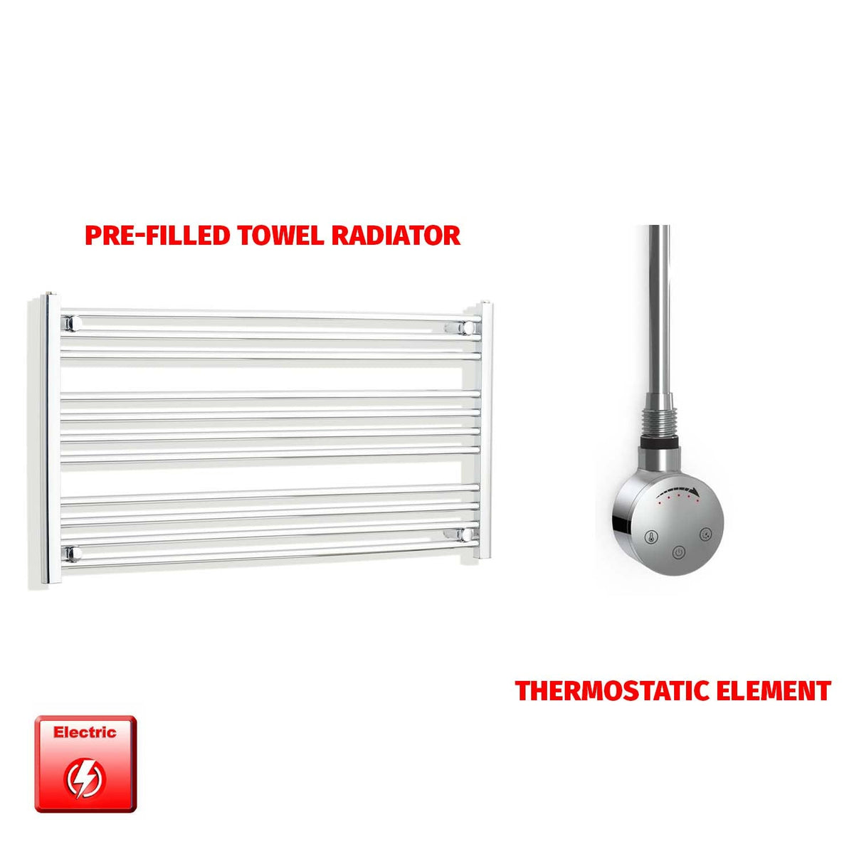 600 x 1200 Pre-Filled Electric Heated Towel Radiator Straight Chrome SMR Thermostatic element no timer