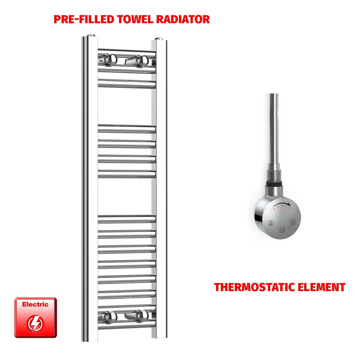 800 x 200 Pre-Filled Electric Heated Towel Radiator Straight Chrome Smart element no timer