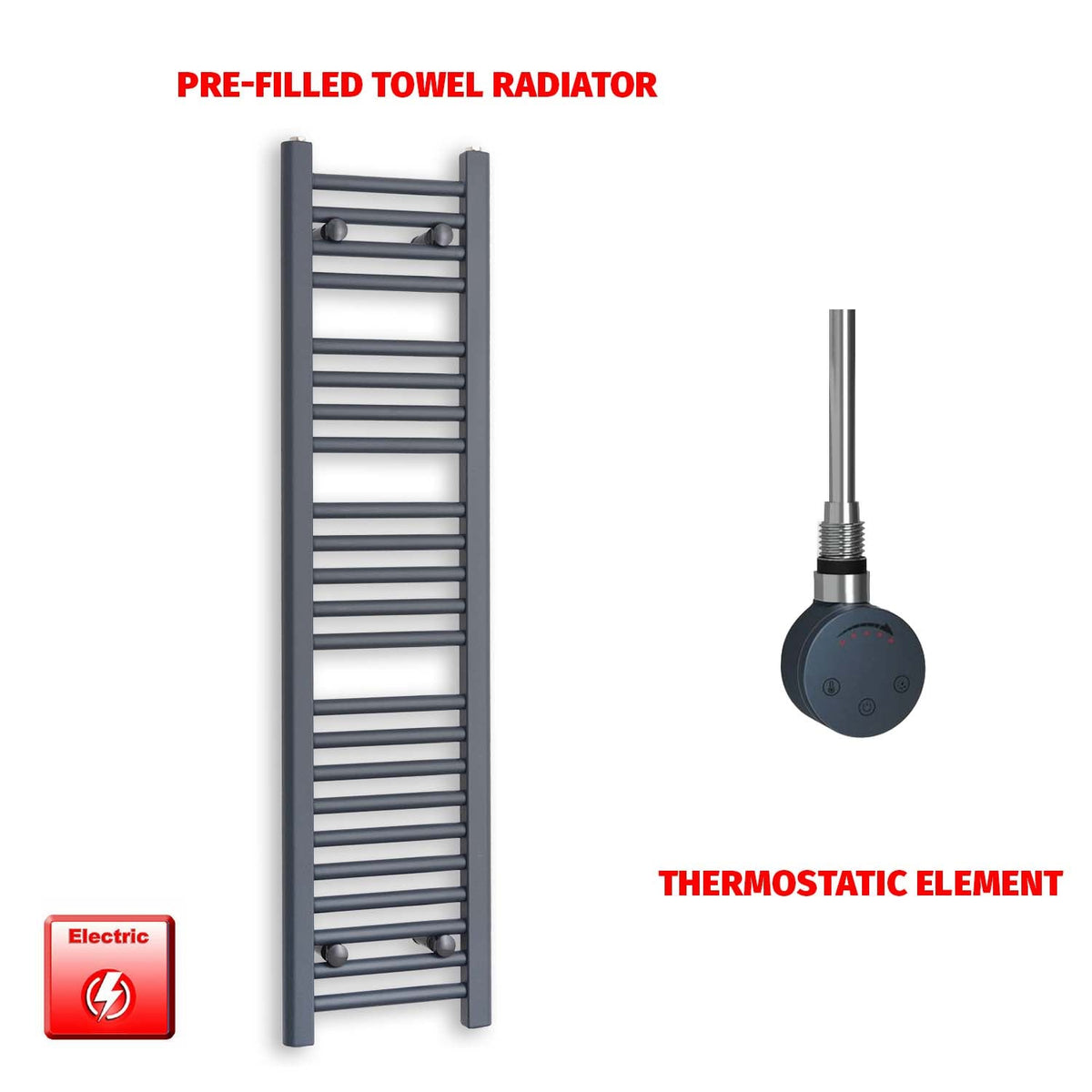 1200mm High 300mm Wide Flat Anthracite Pre-Filled Electric Heated Towel Rail Radiator HTR SMR Thermostatic element no timer