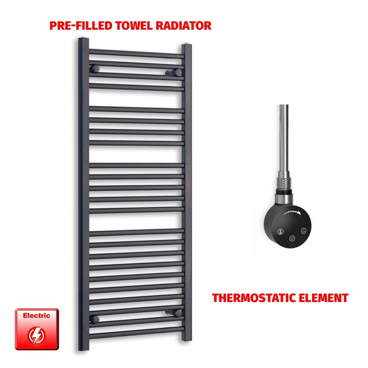1200 x 600 Flat Black Pre-Filled Electric Heated Towel Radiator HTR smr no timer