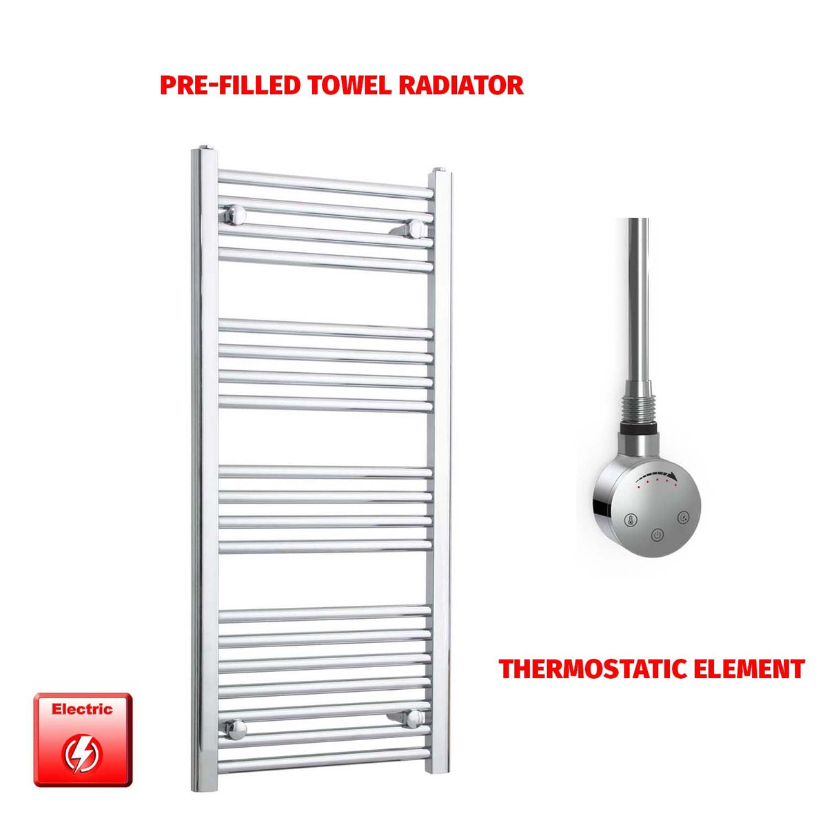 1000mm High 500mm Wide Chrome Electric Heated Towel Radiator Pre-Filled