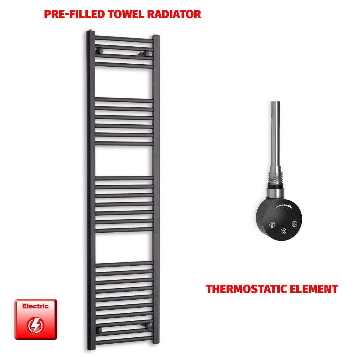 1600 x 400 Flat Black Pre-Filled Electric Heated Towel Radiator HTR Smart Thermostatic