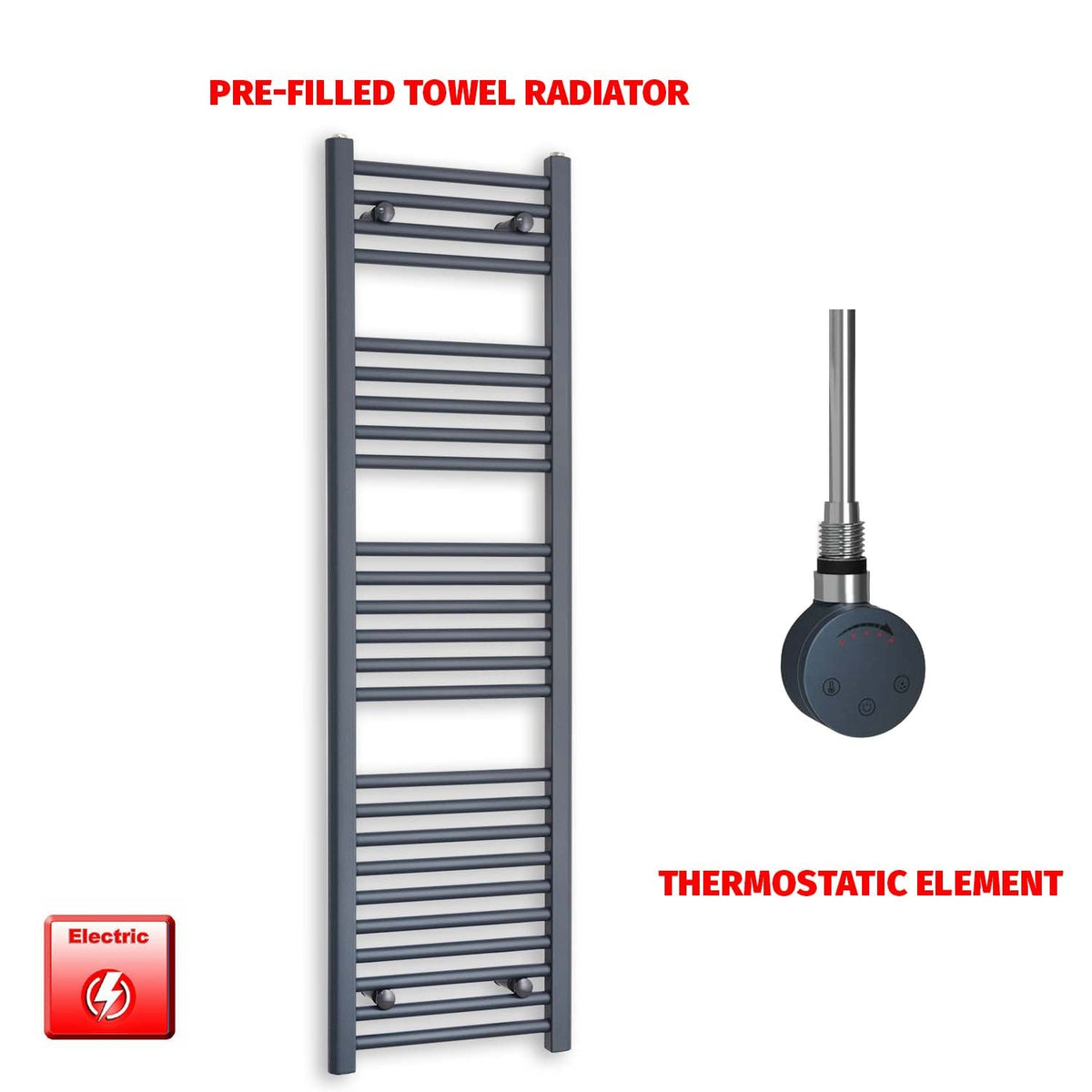 1400mm High 400mm Wide Flat Anthracite Pre-Filled Electric Heated Towel Radiator SMR Thermostatic element no timer