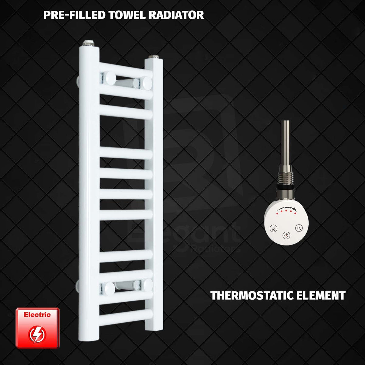 600 mm High 300 mm Wide Pre-Filled Electric Heated Towel Rail Radiator White HTR SMART THERMOSTATIC ELEMENT