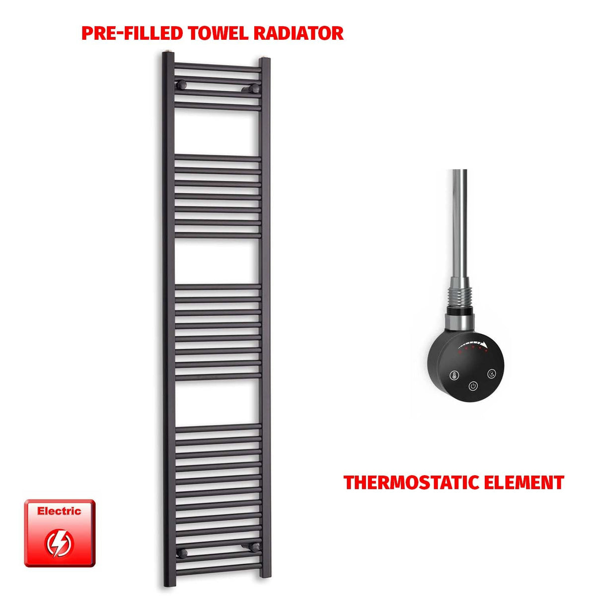 1800mm High 450mm Wide Flat Black Pre-Filled Electric Heated Towel Radiator HTR SMART Thermostatic
