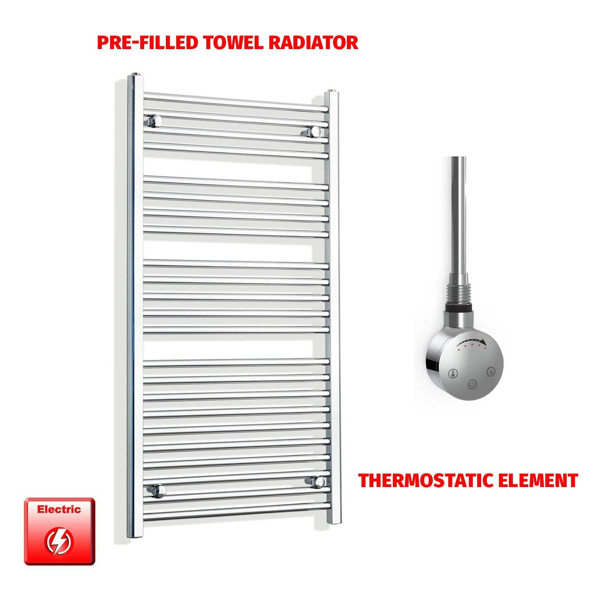 1200mm High 550mm Wide Pre-Filled Electric Heated Towel Radiator Chrome HTR SMR Thermostatic element no timer