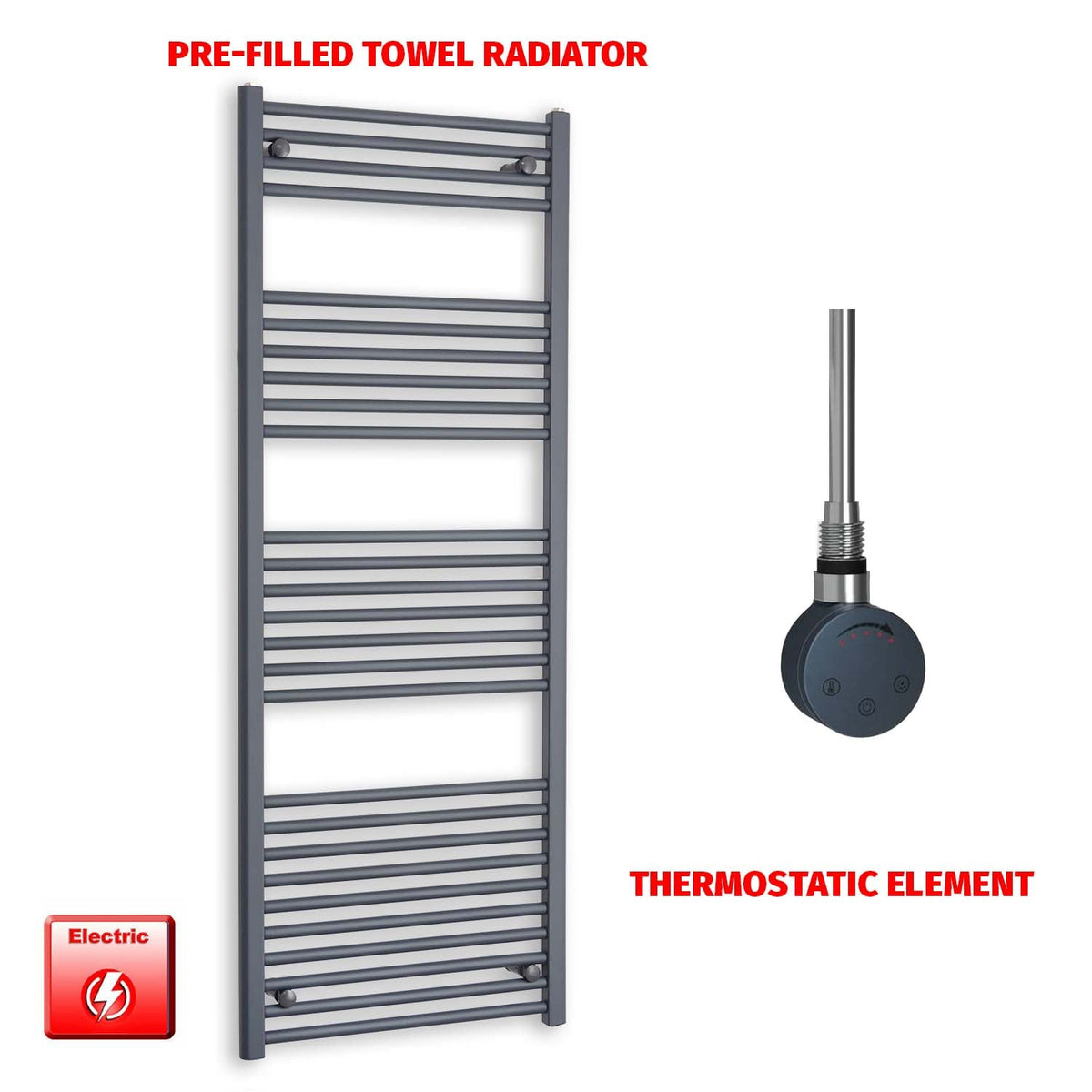 1600mm High 600mm Wide Flat Anthracite Pre-Filled Electric Heated Towel Rail Radiator HTR SMR Thermostatic element no timer