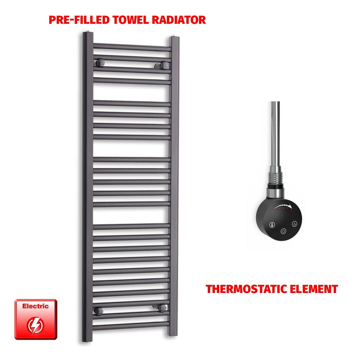 1200mm High 450mm Wide Flat Black Pre-Filled Electric Heated Towel Rail Radiator HTR Smart Thermostatic