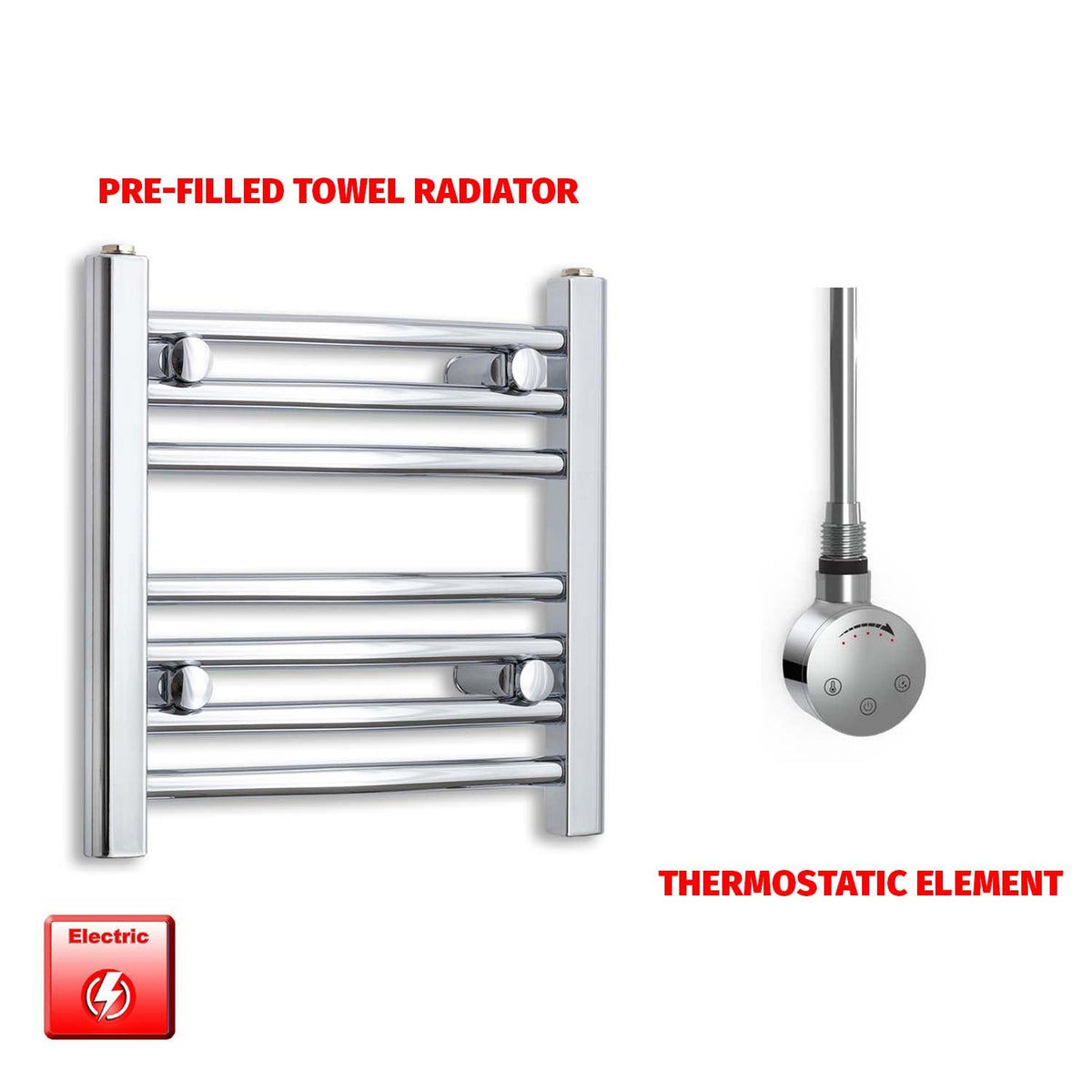 400 x 500mm Pre-Filled Electric Heated Towel Radiator Straight or Curved Chrome SMR Thermostatic element no timer