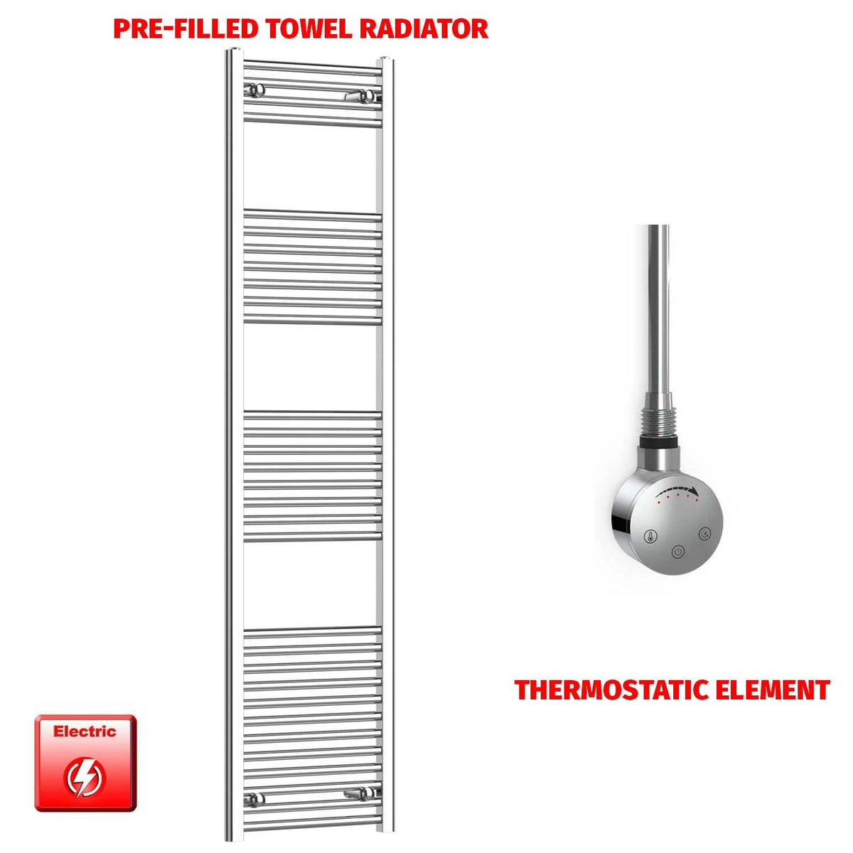 1800mm High 400mm Wide Chrome Electric Heated Towel Radiator Pre-Filled