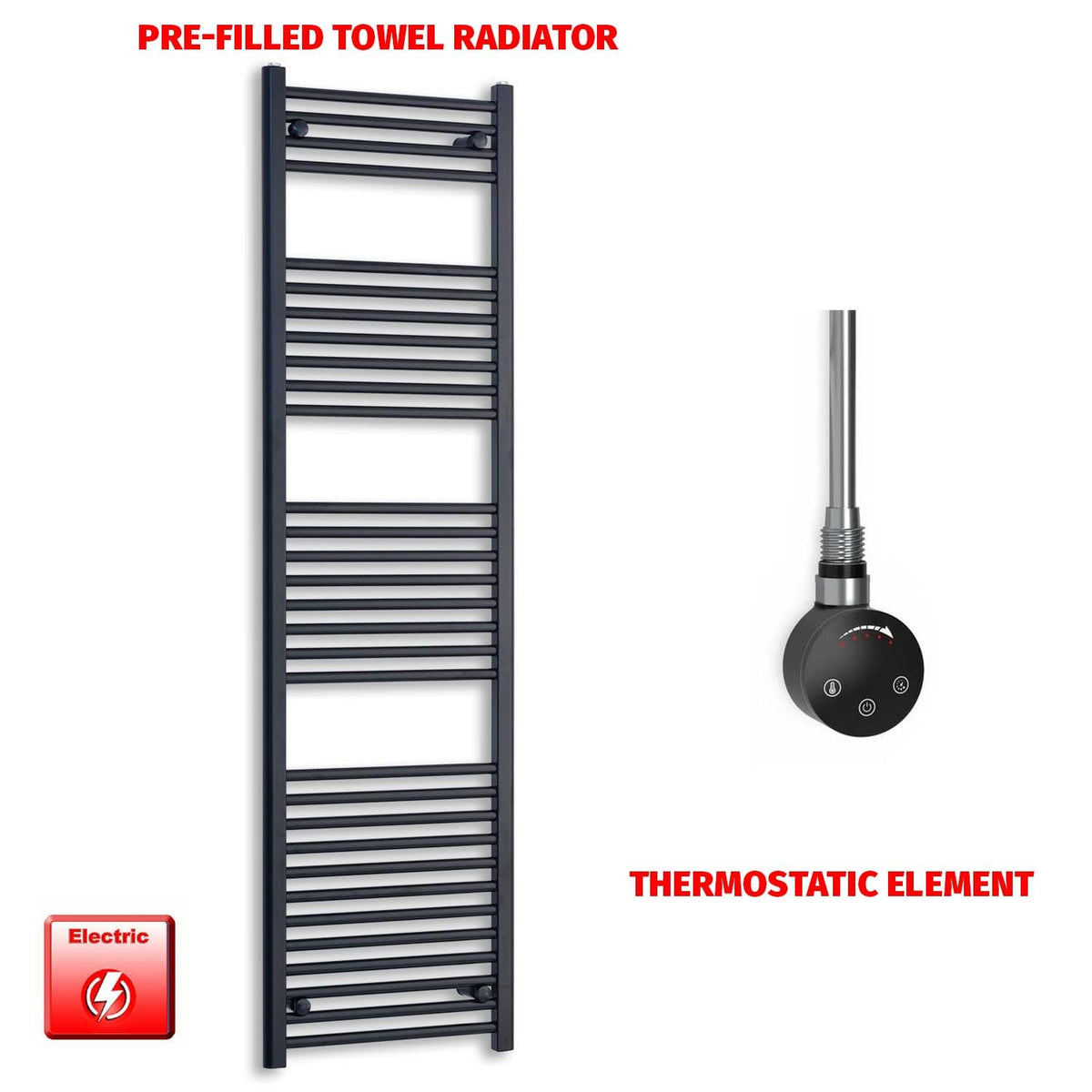 1800 x 600 Flat Black Pre-Filled Electric Heated Towel Radiator HTR Smart Thermostatic