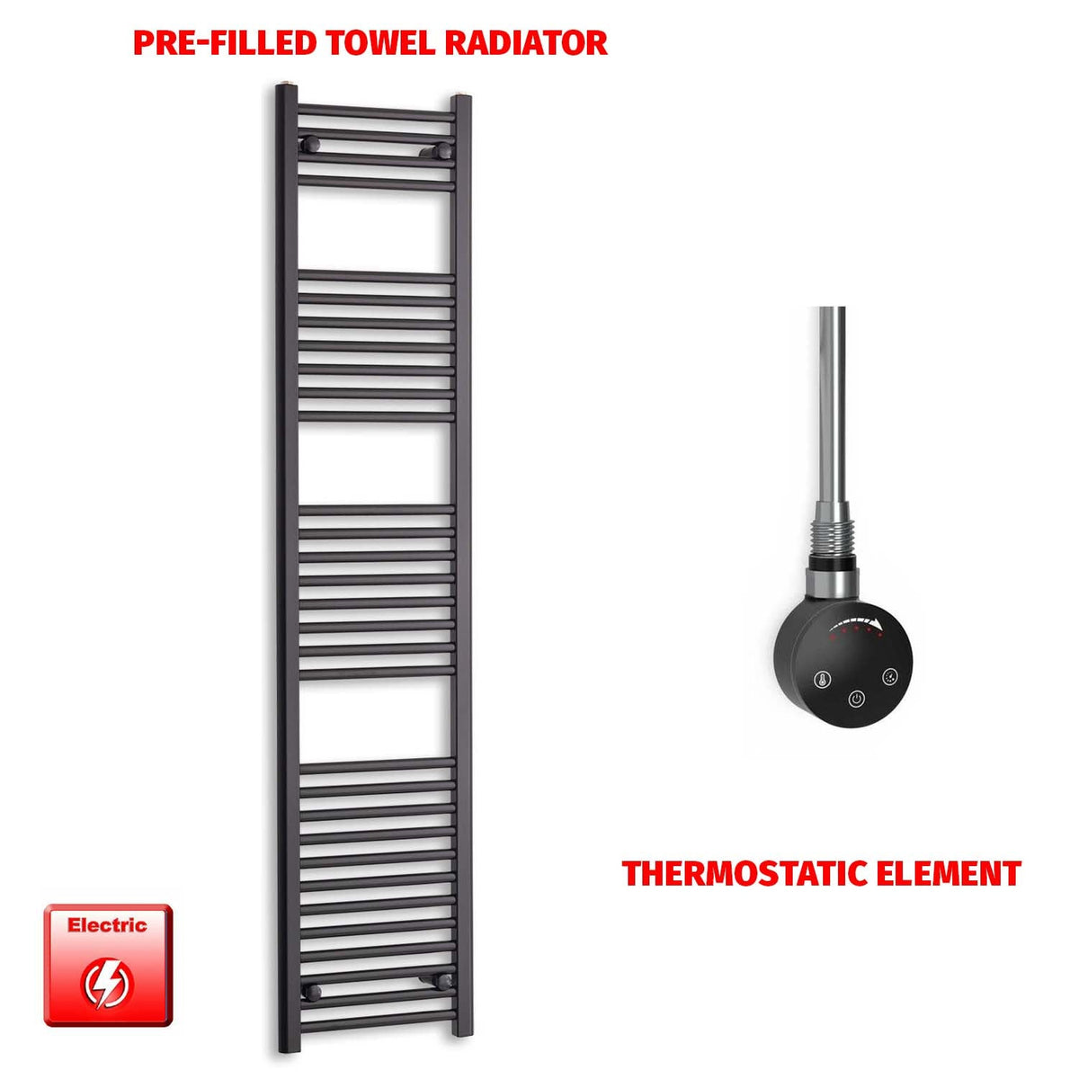 1800 x 400 Flat Black Pre-Filled Electric Heated Towel Rail Radiator HTR Smart Thermostatic