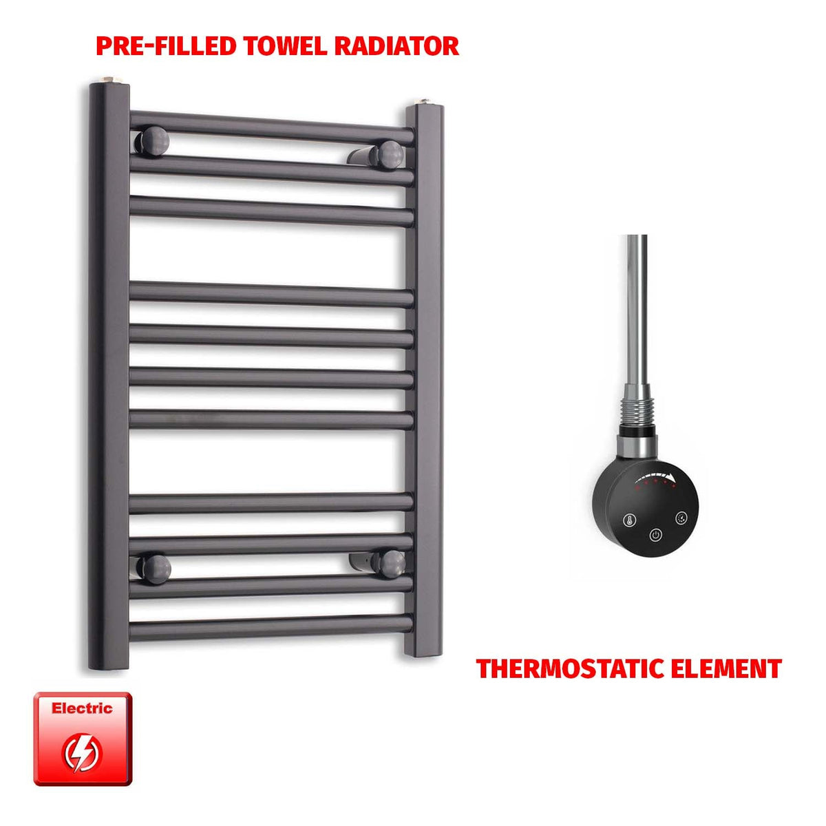 800 x 450 Flat Black Pre-Filled Electric Heated Towel Radiator HTR Smart Thermostatic
