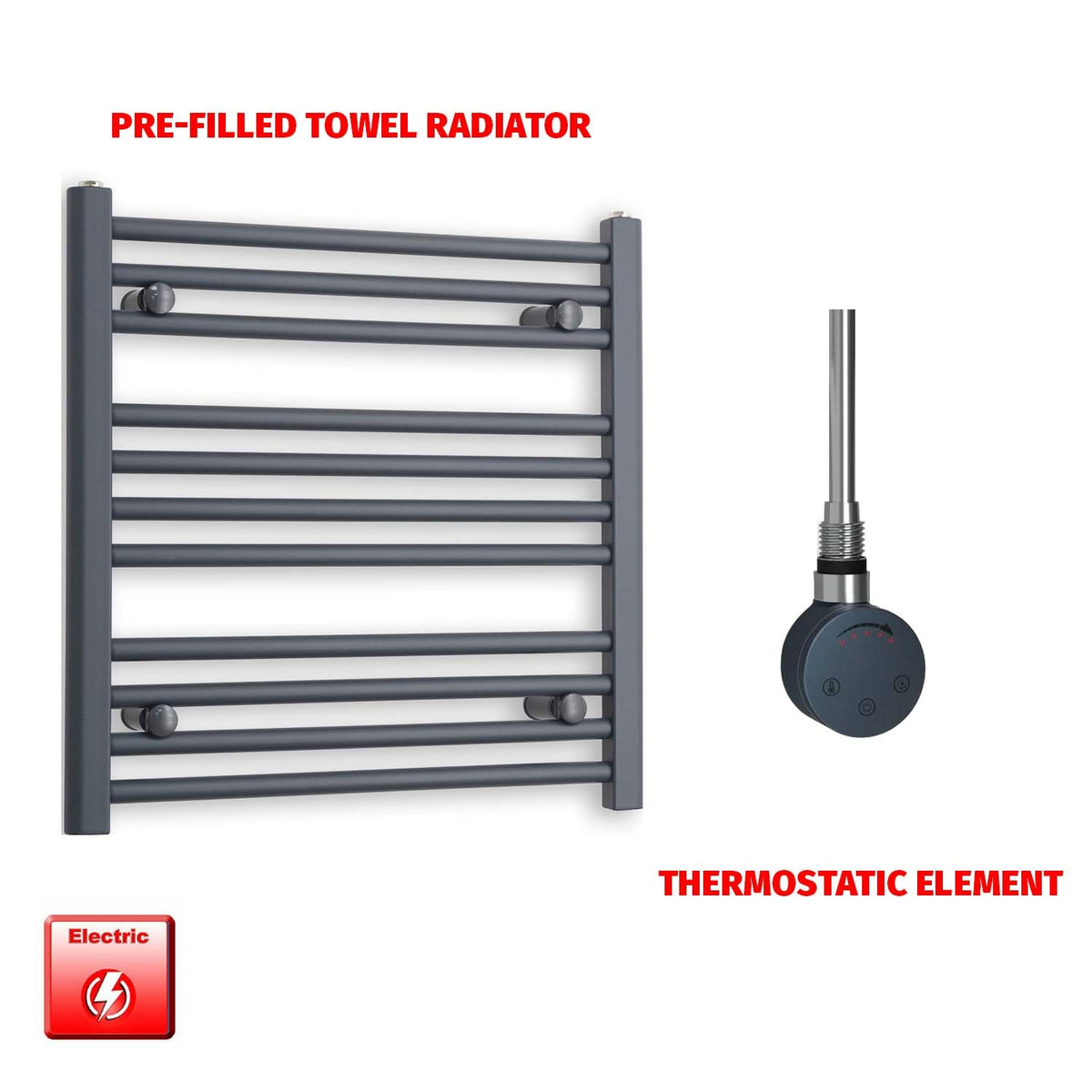 600mm High 500mm Wide Flat Anthracite Pre-Filled Electric Heated Towel Rail Radiator HTR SMR Thermostatic element no timer