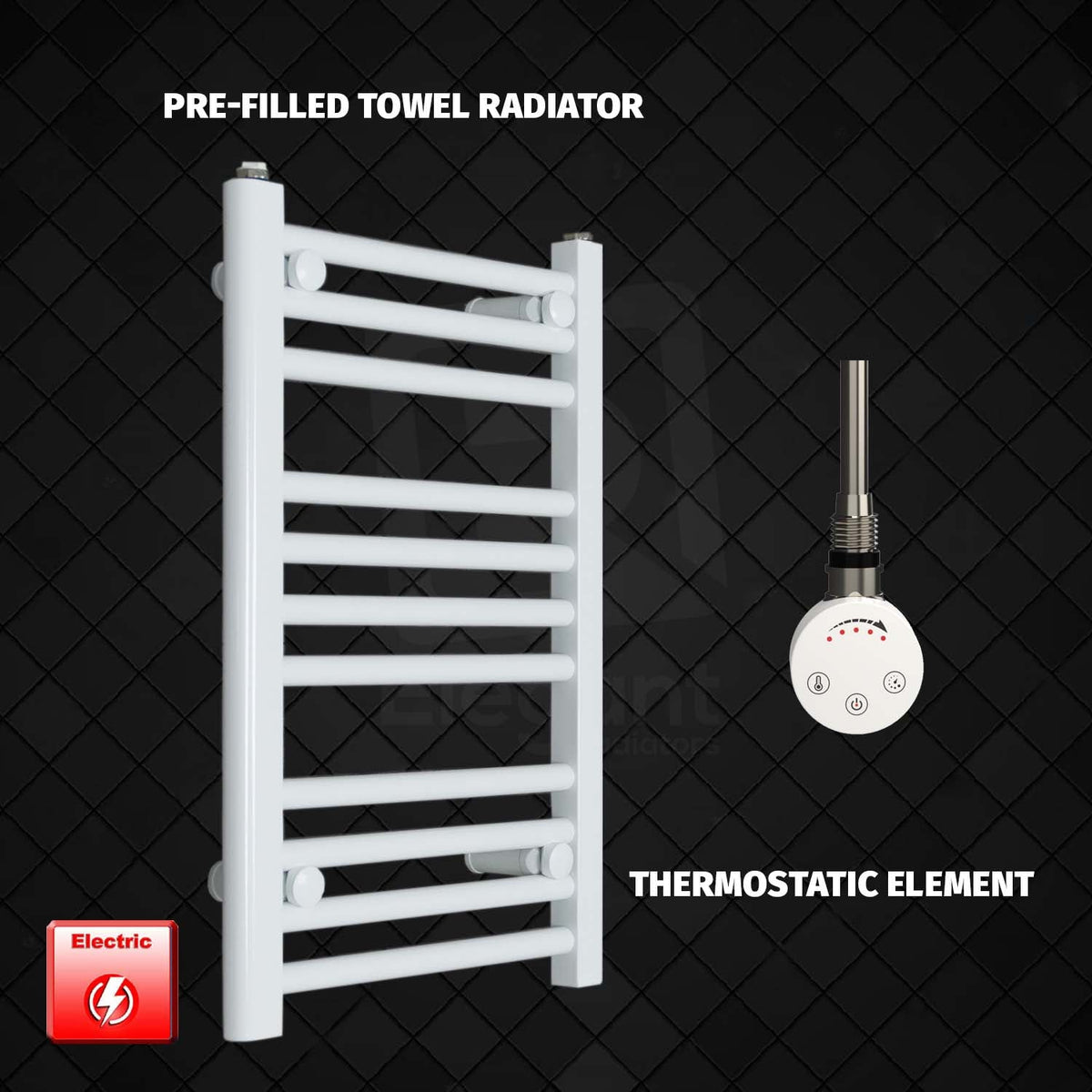 600 mm High 450 mm Wide Pre-Filled Electric Heated Towel Radiator White HTR smart thermostatic element no tomer