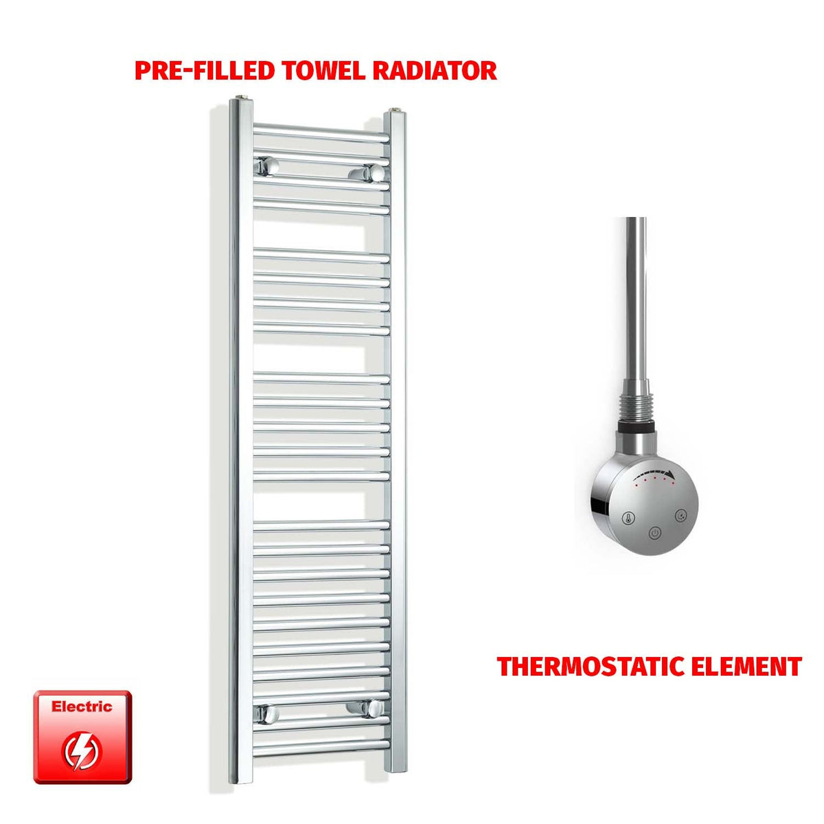 1200 x 350 Pre-Filled Electric Heated Towel Radiator Straight Chrome SMR Thermostatic element no timer