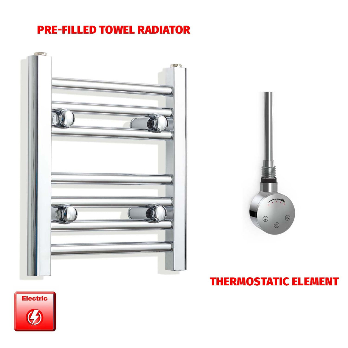 400mm High 300mm Wide Pre-Filled Electric Heated Towel Rail Radiator Straight Chrome Smart Element No Timer