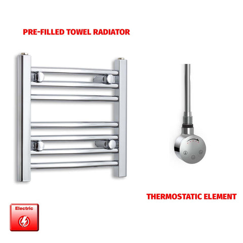 400mm High 400mm Wide Pre-Filled Electric Heated Towel Radiator Straight Chrome SMR Thermostatic element no timer