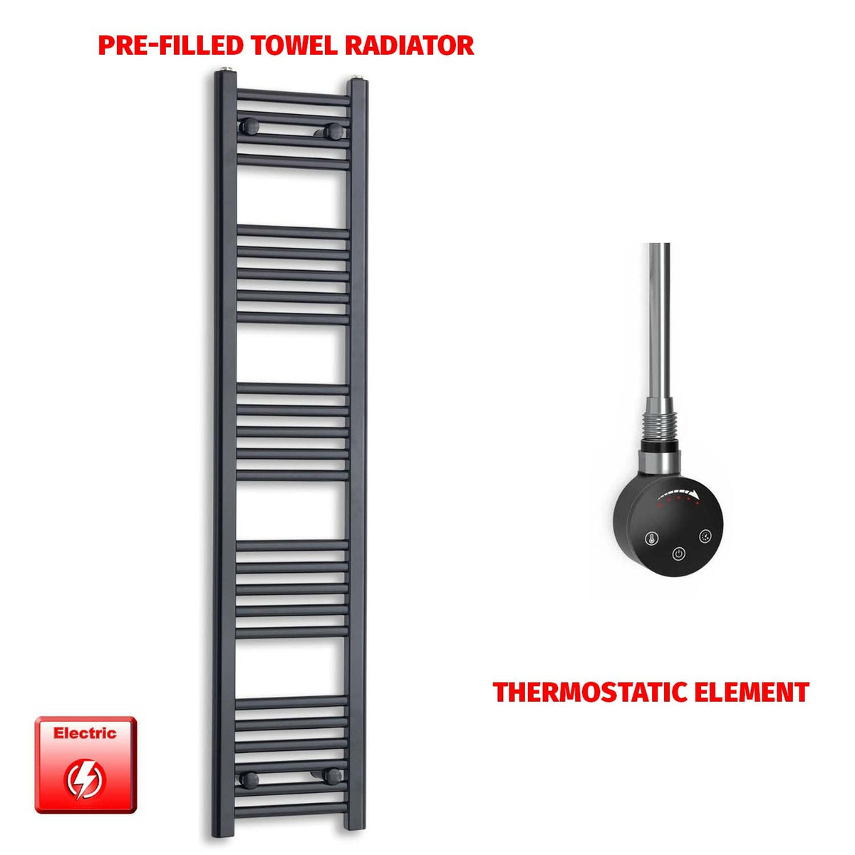 1400 x 300 Flat Black Pre-Filled Electric Heated Towel Radiator HTR Smart Thermostatic No Timer